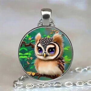Silver OWL Glass Cabochon Pendant Necklace
